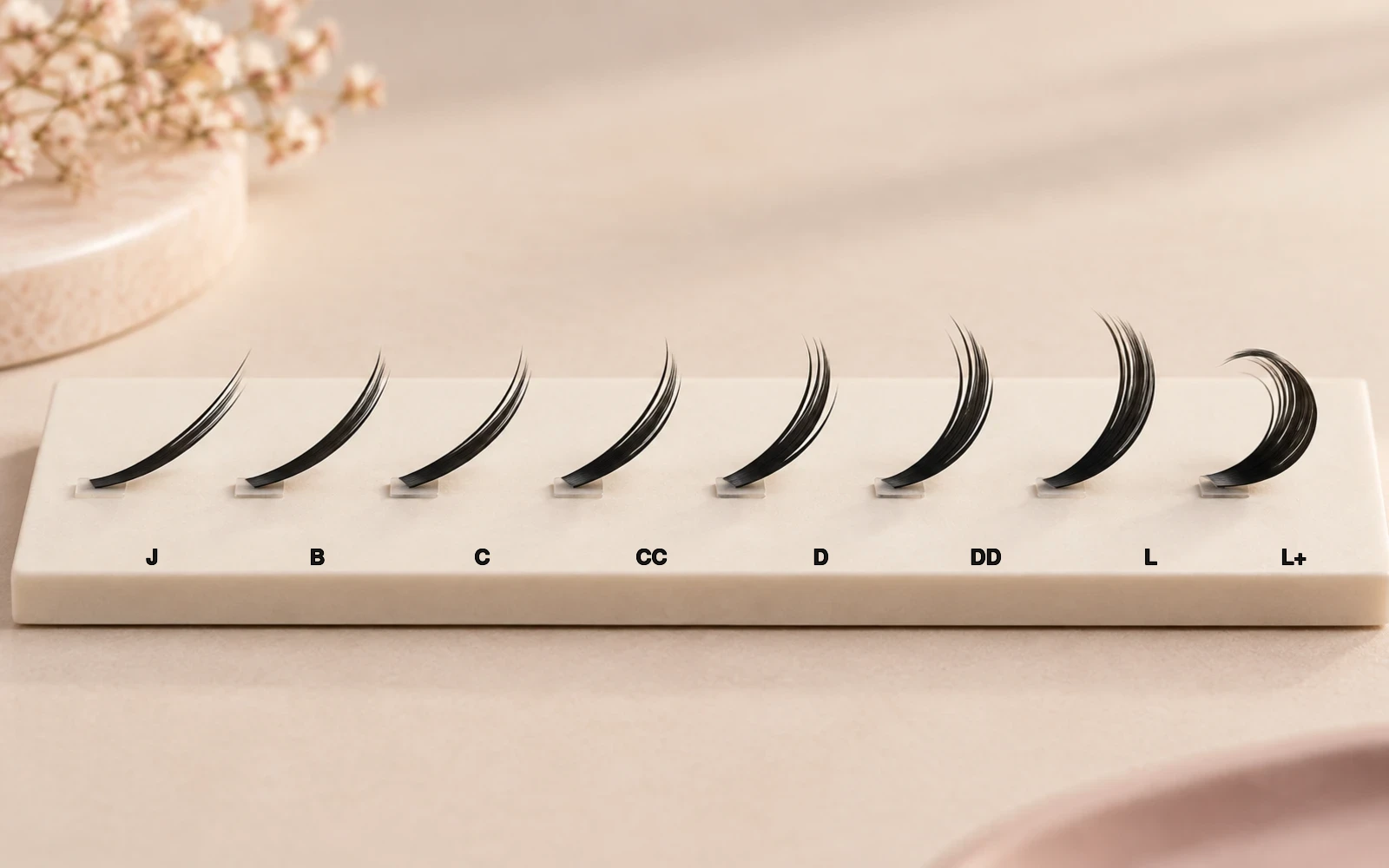Studio sample-board comparison of J, B, C, CC, D, DD, L and L plus eyelash extension curl profiles