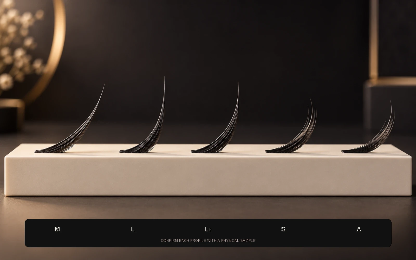 Studio sample-board visualization of M, L, L plus, S and A special eyelash extension curl profiles
