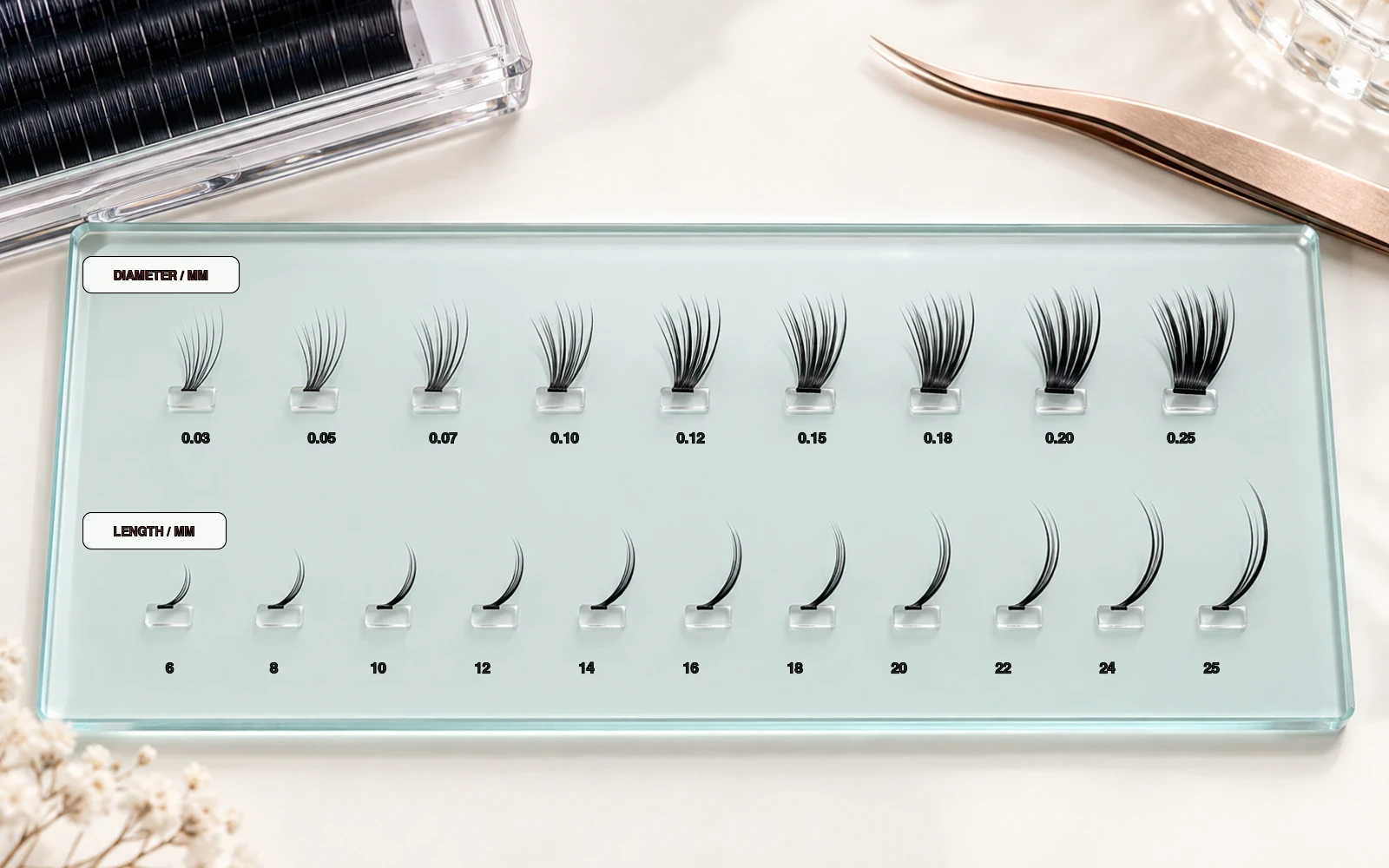 Studio sample board comparing eyelash extension diameters from 0.03 to 0.25 millimetres and lengths from 6 to 25 millimetres