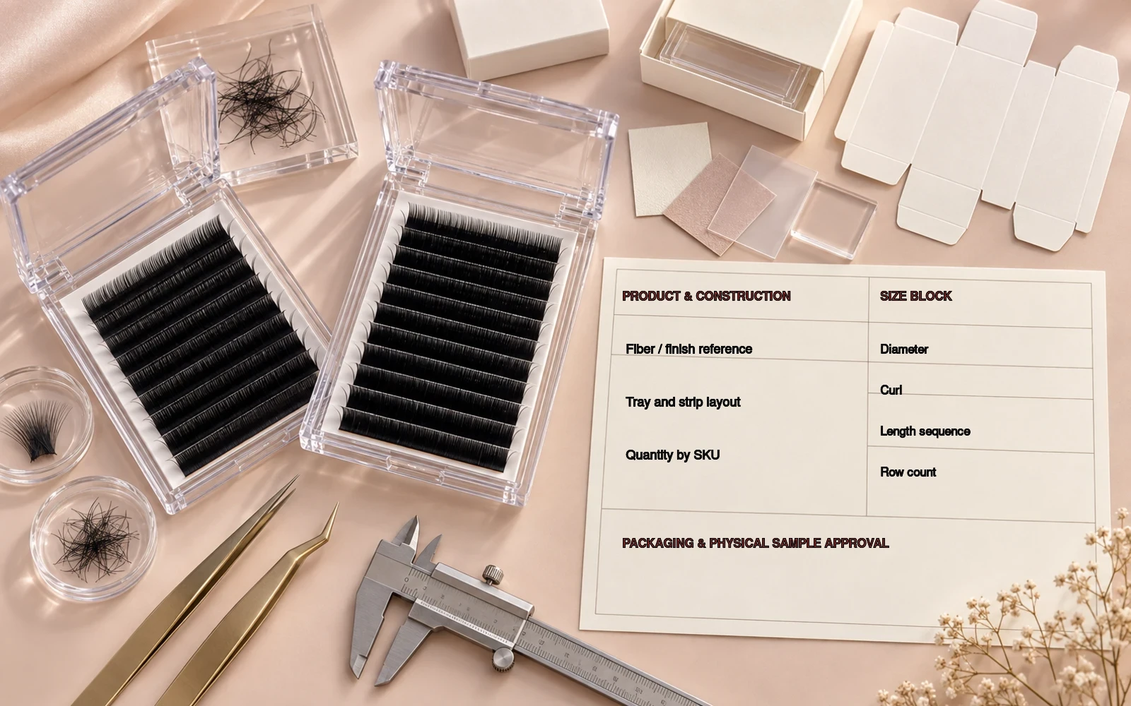 Private label eyelash extension trays, packaging samples, measuring tools and specification-sheet fields