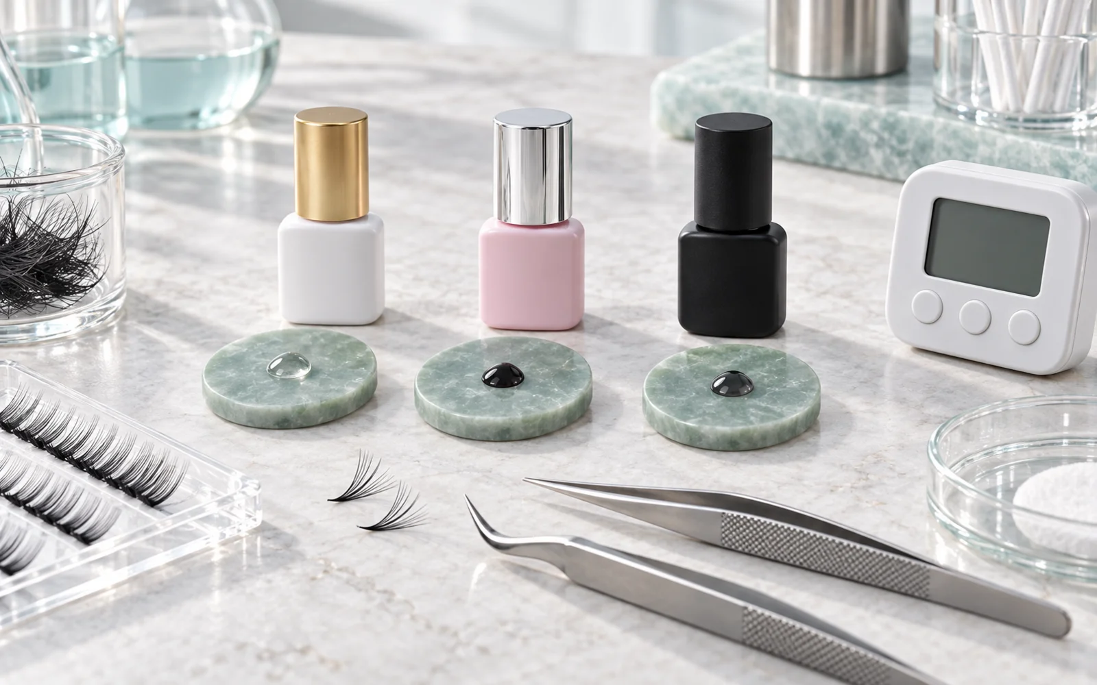 Professional lash adhesive bottles beside humidity monitoring and application tools