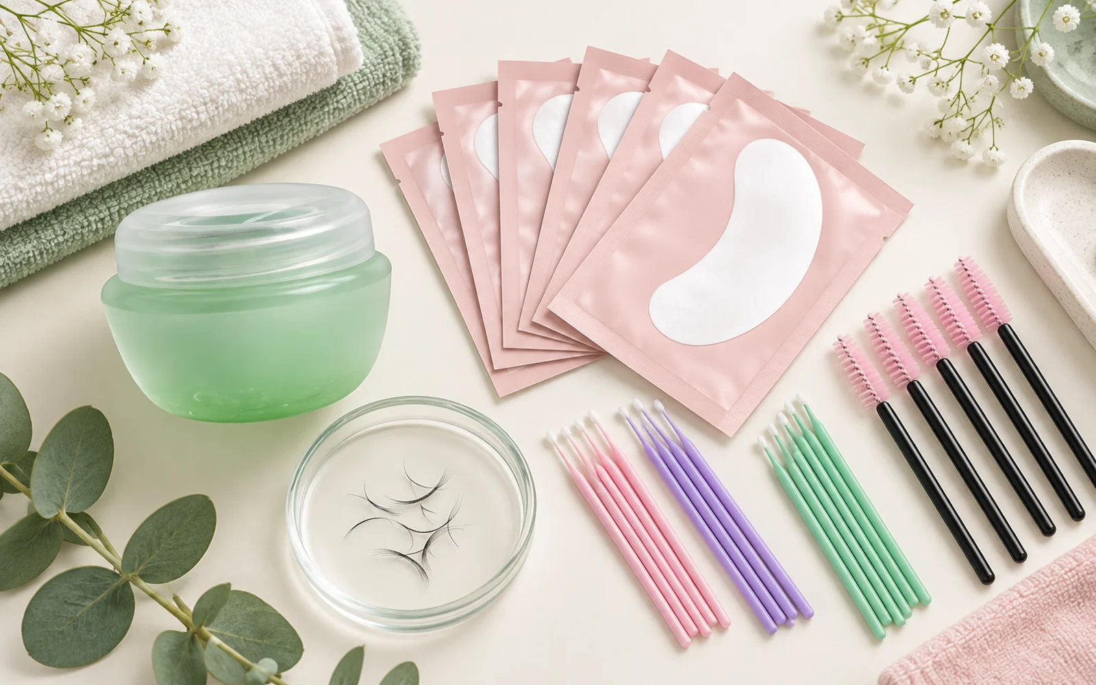 Cream and gel professional lash adhesive remover samples with eye pads and micro applicators