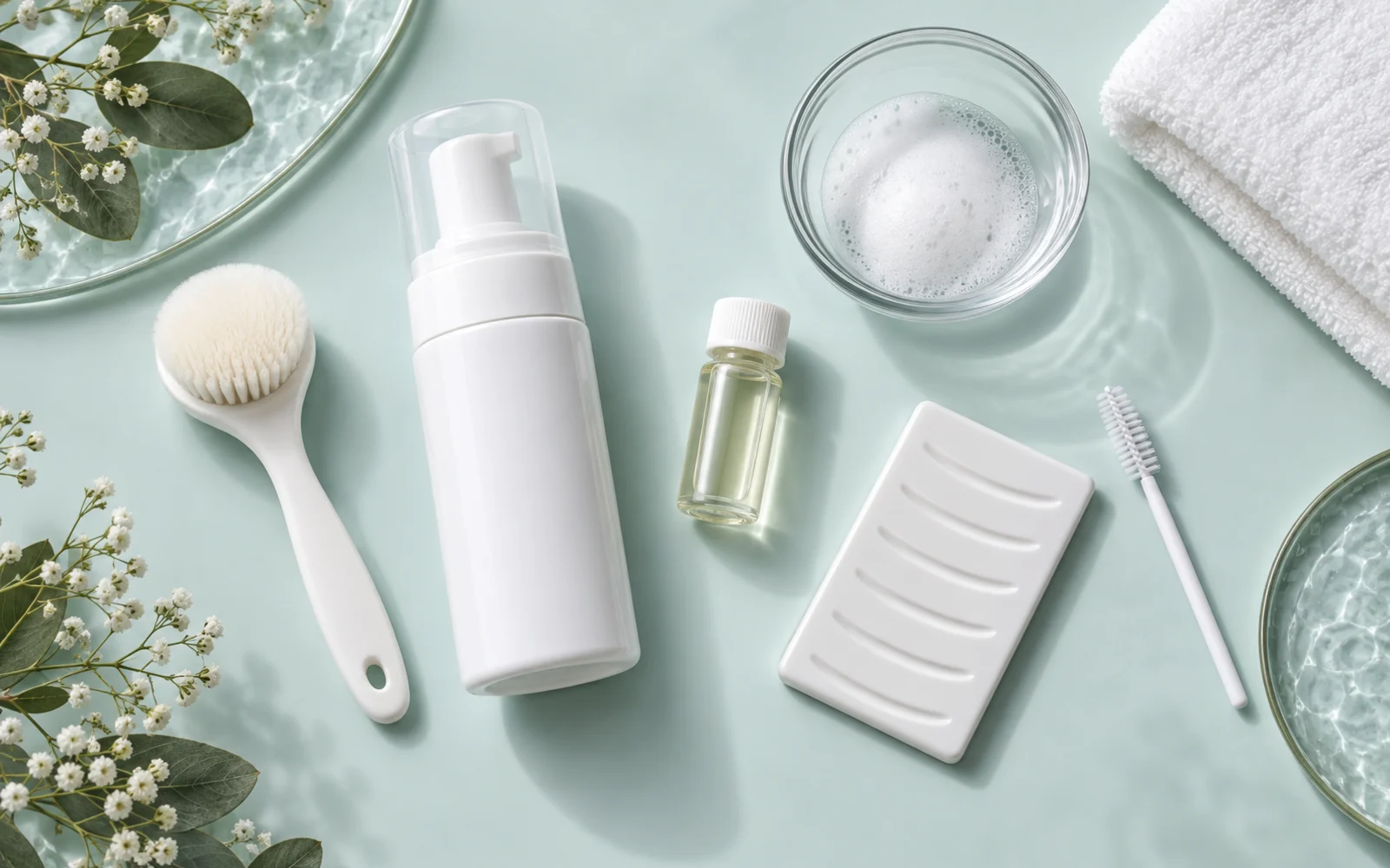 Lash cleansing foam bottle with brush, rinse accessories and aftercare packaging