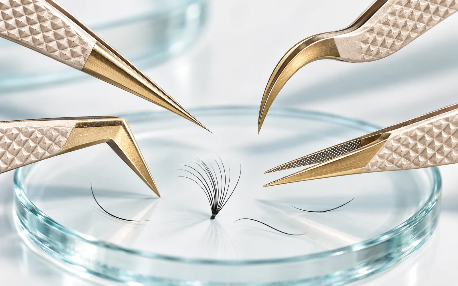 Precision lash tweezers with straight, curved, L and S style tips beside extension fibers