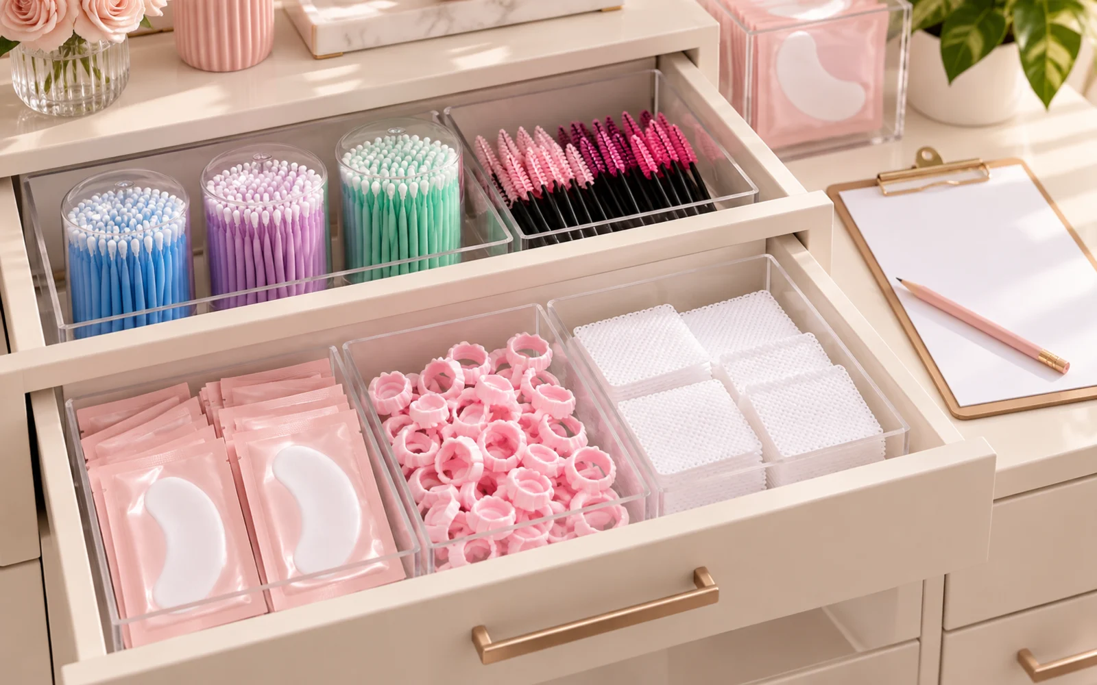 Organized lash salon disposables including eye pads, glue rings, wipes, wands and micro applicators