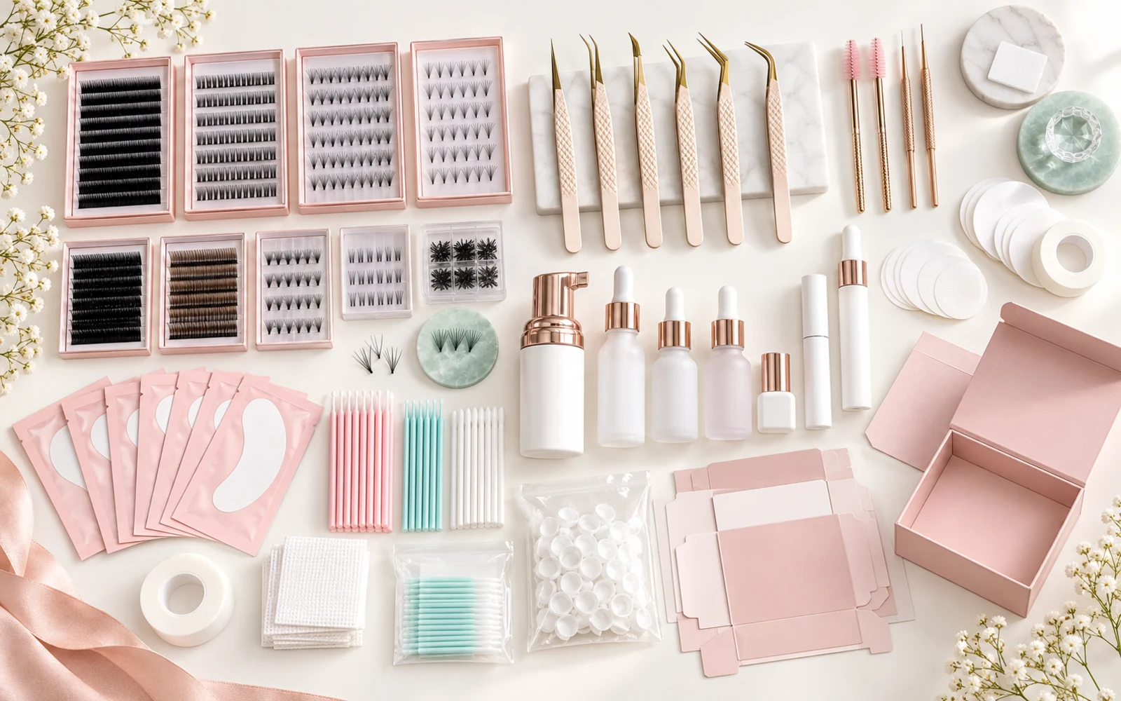 Professional lash extension kit with trays, tweezers, cleanser, pads and organized disposable supplies