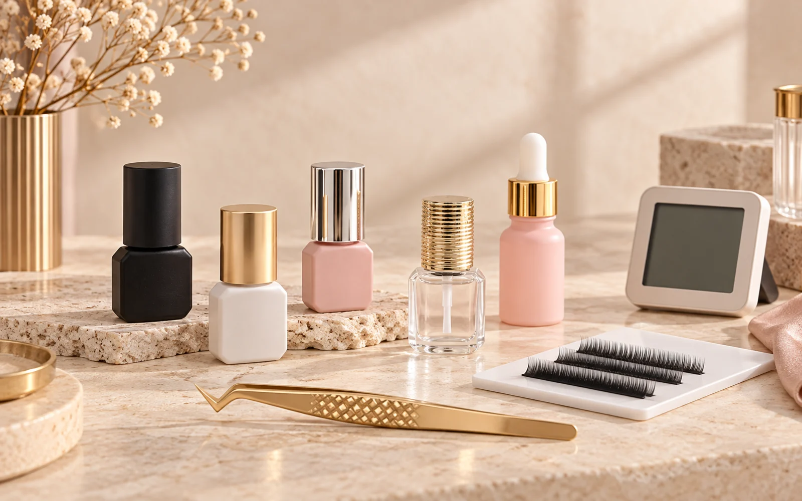 Professional lash adhesive, cleanser, tweezers and salon supplies arranged as a coordinated product system