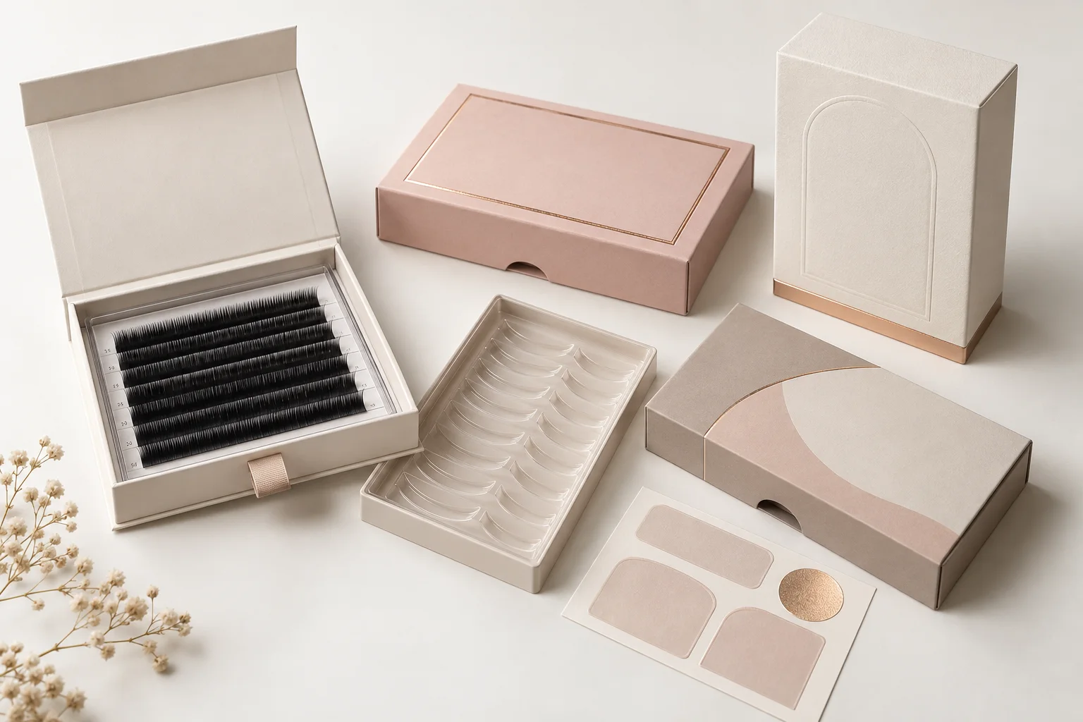 Blank eyelash tray boxes showing private label packaging structures, materials and finishes