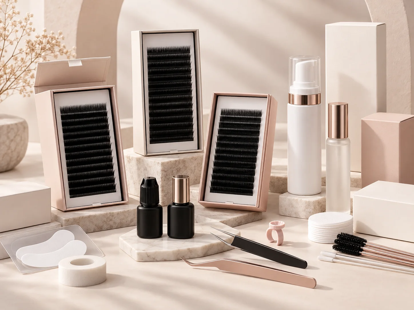 Blank private label eyelash trays, adhesive, aftercare bottles and professional tools arranged as one collection