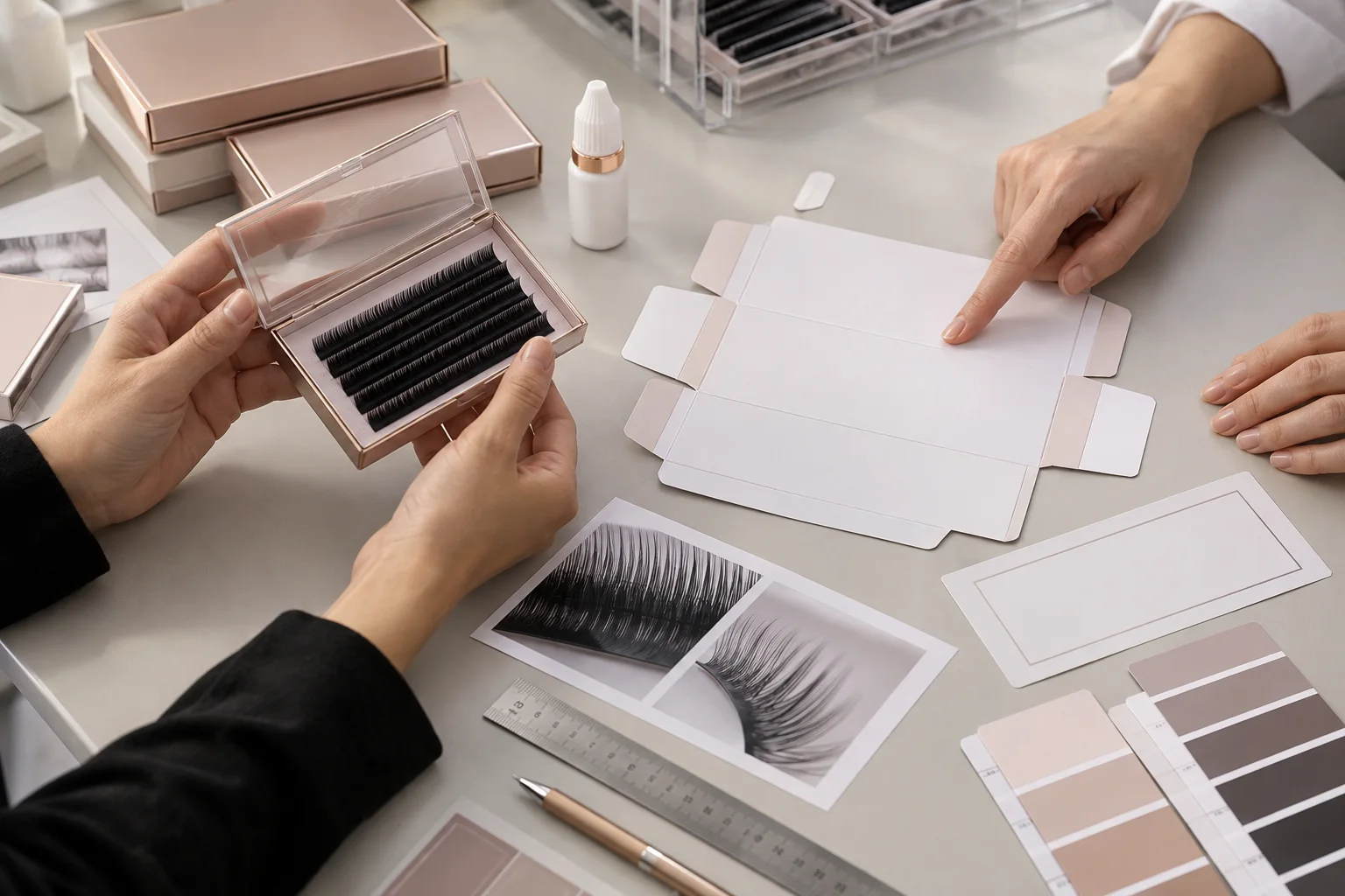 Private label team reviewing an eyelash tray sample with packaging structure and color references
