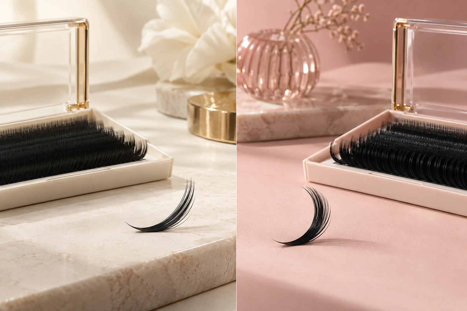 Side-by-side studio comparison of softer and stronger eyelash extension curls