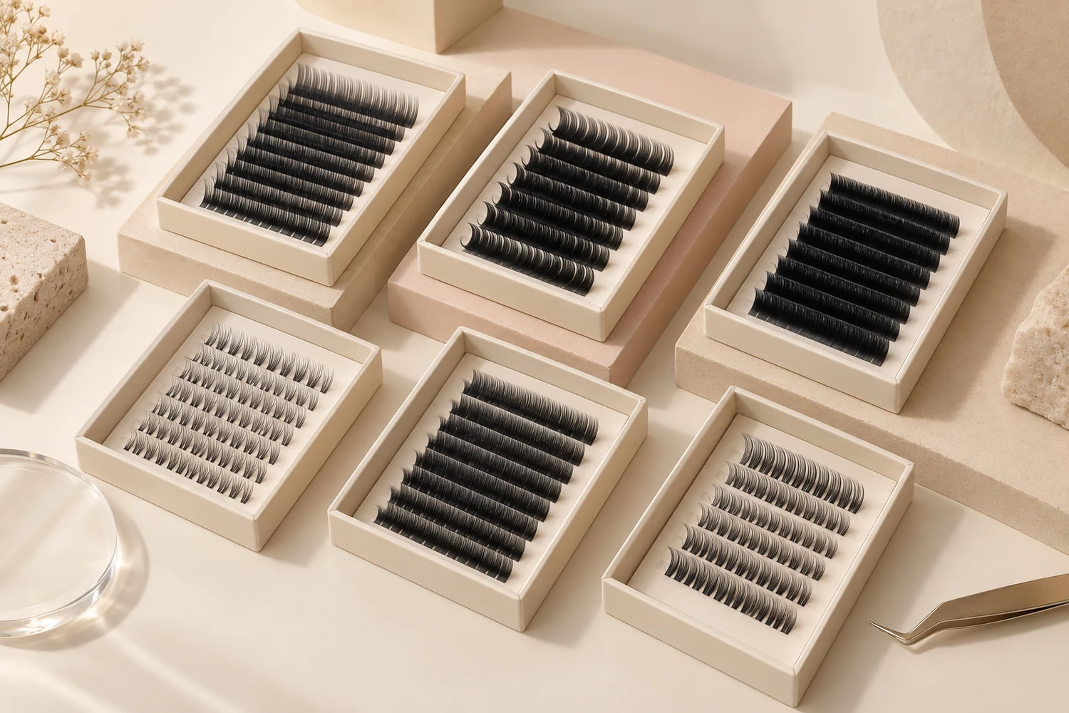 Organized professional eyelash extension trays showing different curl and size options
