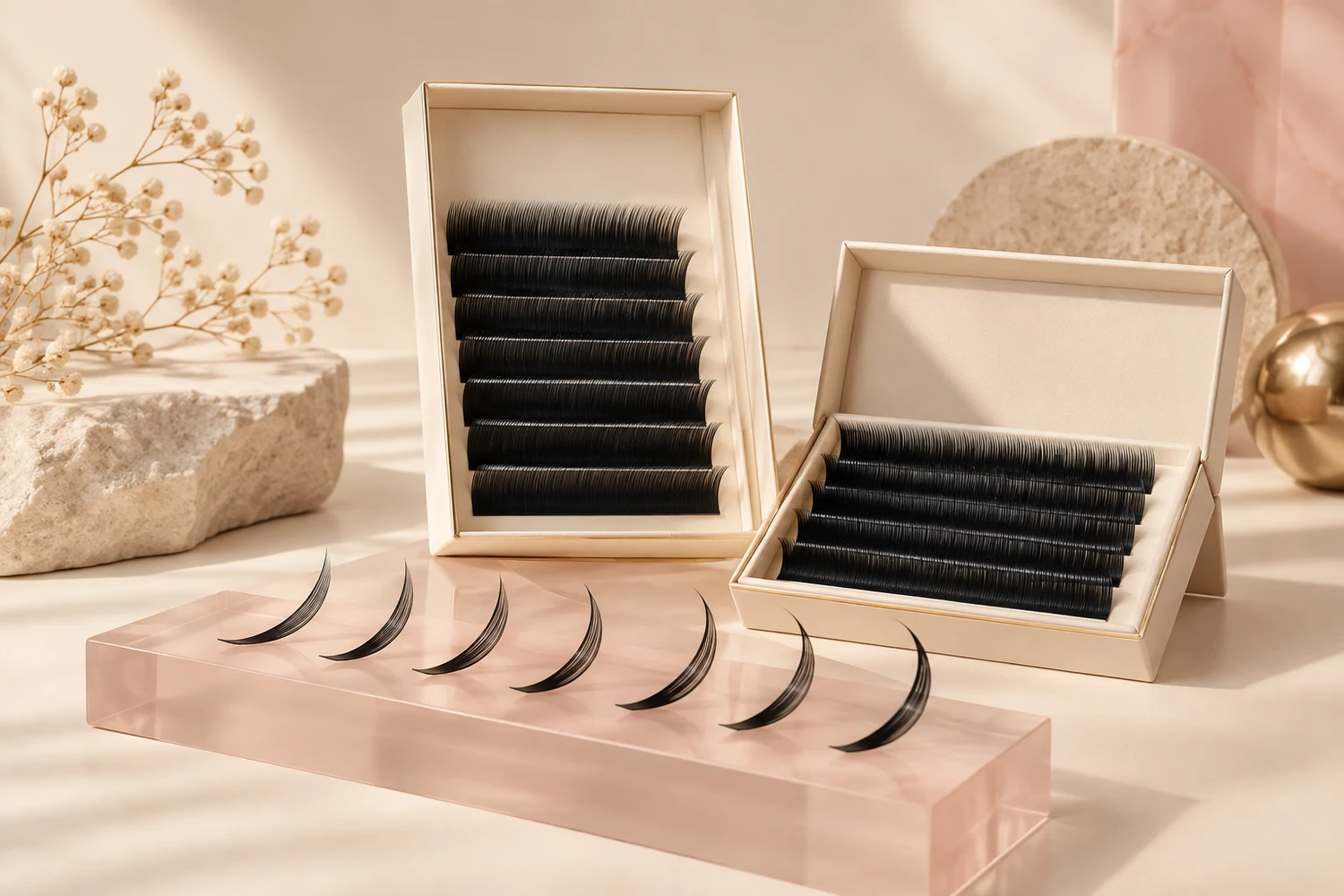 Professional eyelash extension trays and loose fibers showing a range of curl profiles