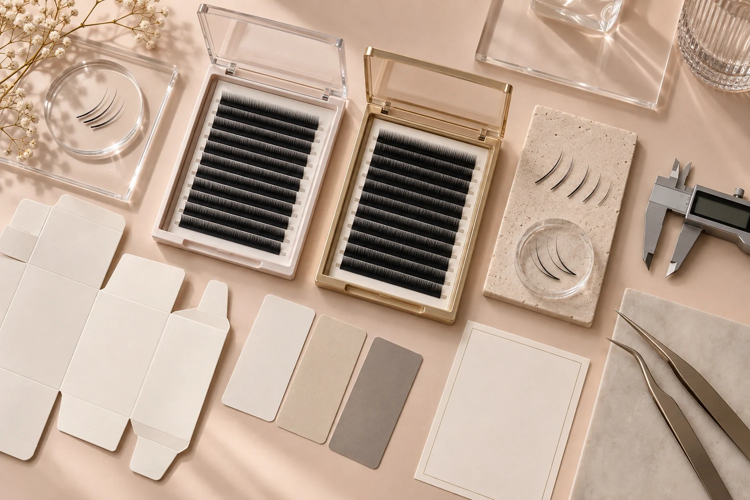 Private label eyelash extension development workspace with trays packaging samples and measuring tools