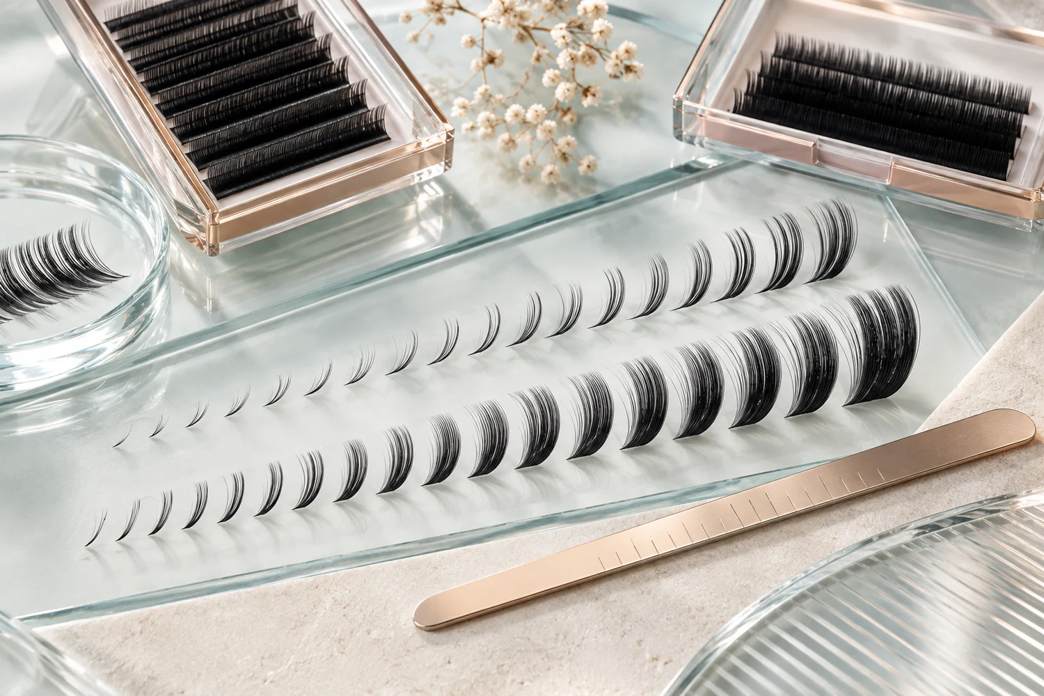 Professional eyelash fibers arranged to compare extension thicknesses and lengths