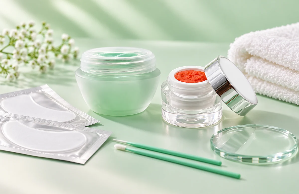 Cream and gel lash glue remover products with professional isolation supplies