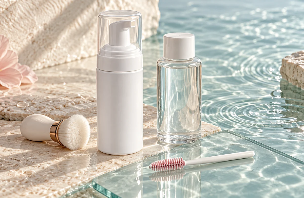 Lash cleansing foam bottle, brush and aftercare accessories
