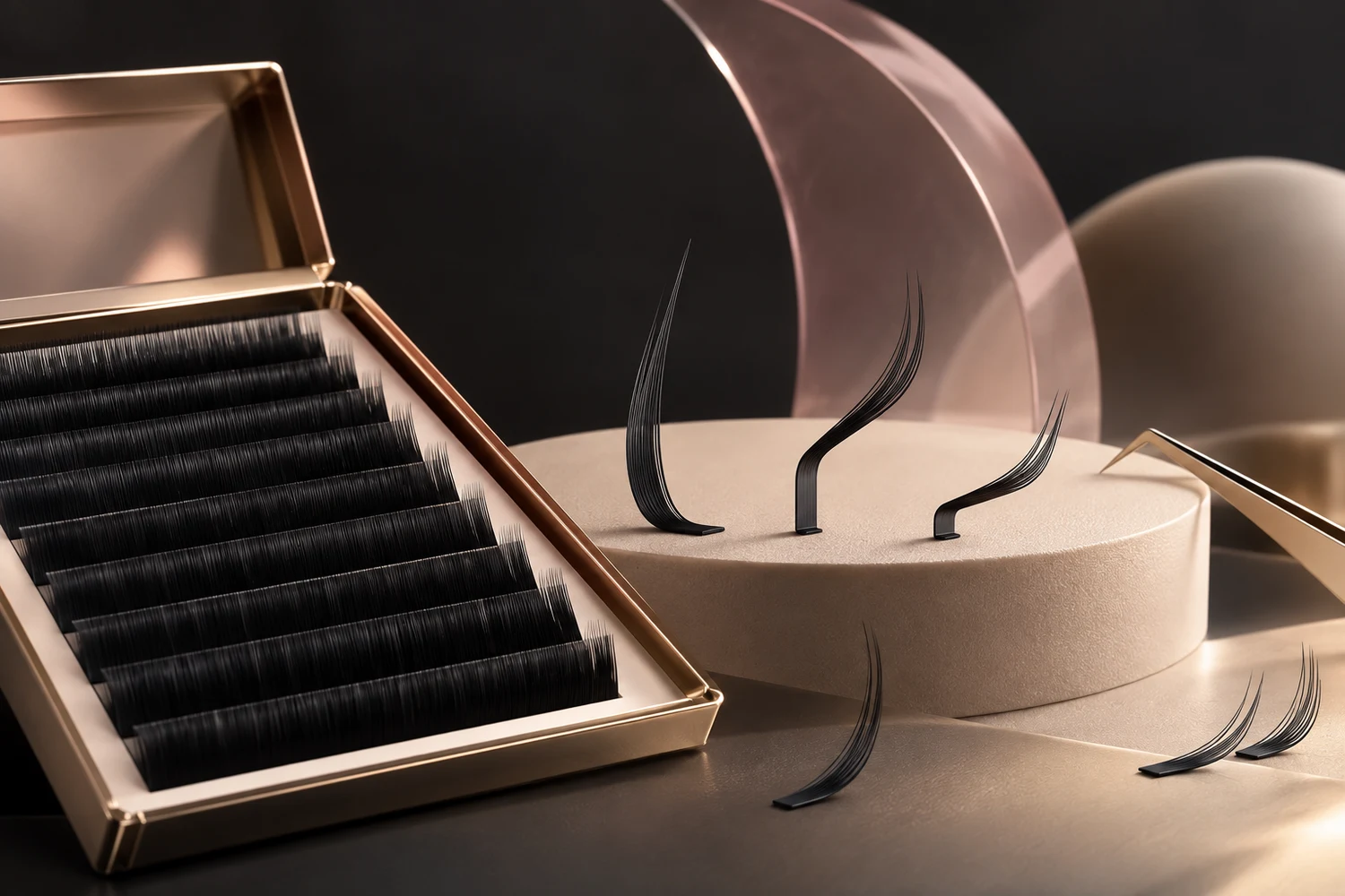 Luxury studio arrangement of directional special curl eyelash extension fibers