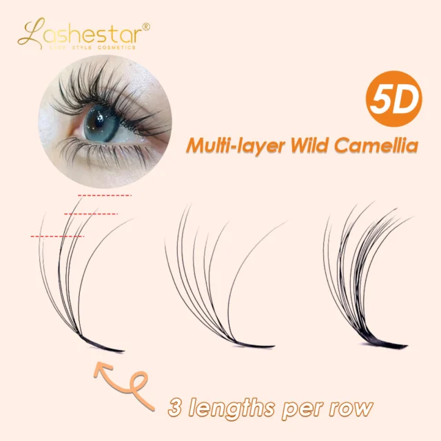 Lashestar Instagram post: The lash that does the fanning for you ✨ 5D Wild Camellia — fluffy, soft, unapologetically wild. Why artists reach for it: 🌸 Easy to fan —…